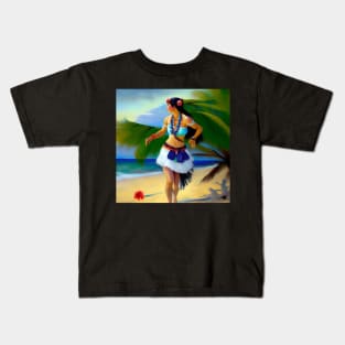Hula Girl Hawaiian Luau Impressionist Painting Hawaii Palm Trees Kids T-Shirt